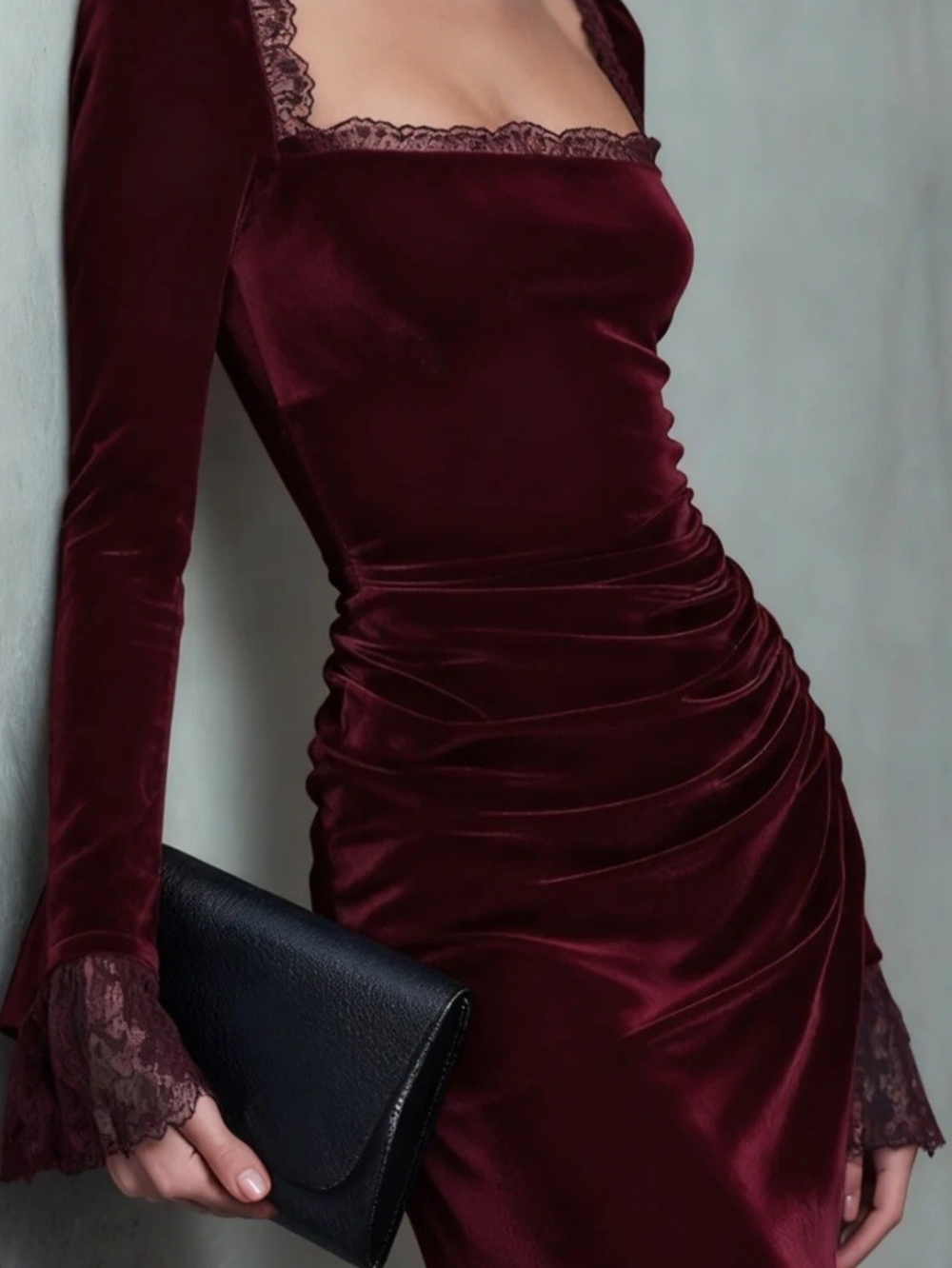 Wine Red Velour Square Neck Mini Dress